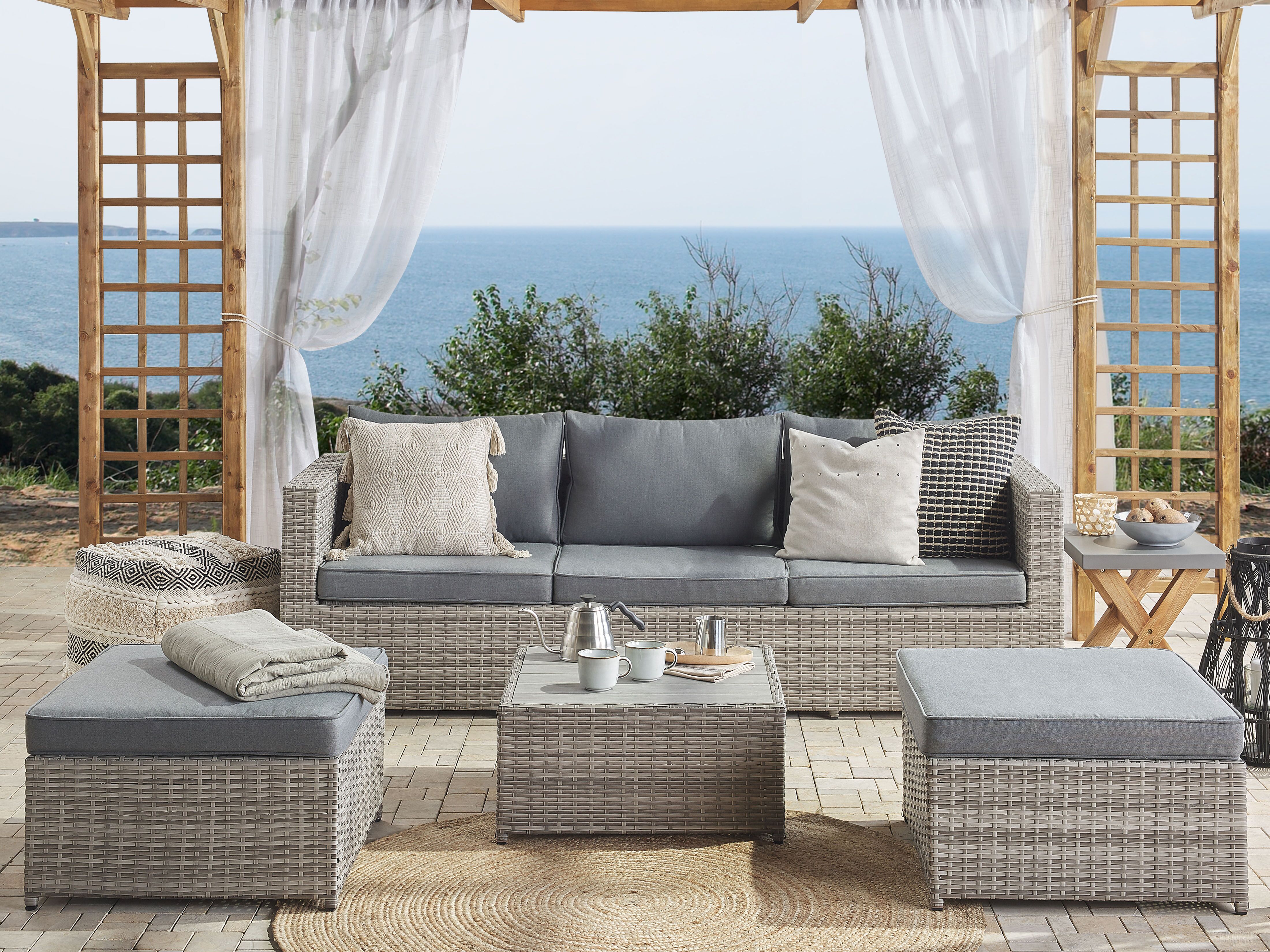 Tuin hoekloungeset met tafel 5-zits SABBIA rechtszijdig modulair PE rotan Lichtgrijs