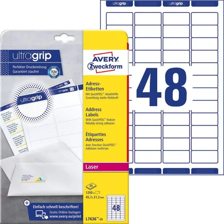 Avery Zweckform L7636-25 Adress-Etiketten,A4 mit ultragrip,45,7 x 21,2 mm, 25 Bogen/1.200 Etiketten, weiß