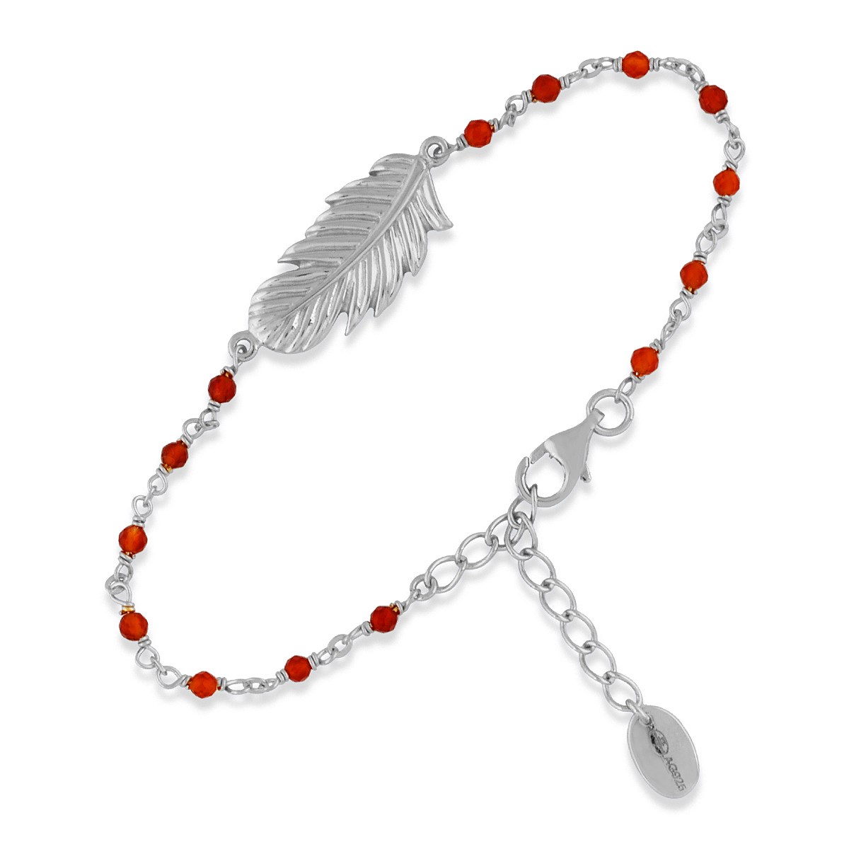Bracelet En Argent Rhodier Plume Pierres Rouge
