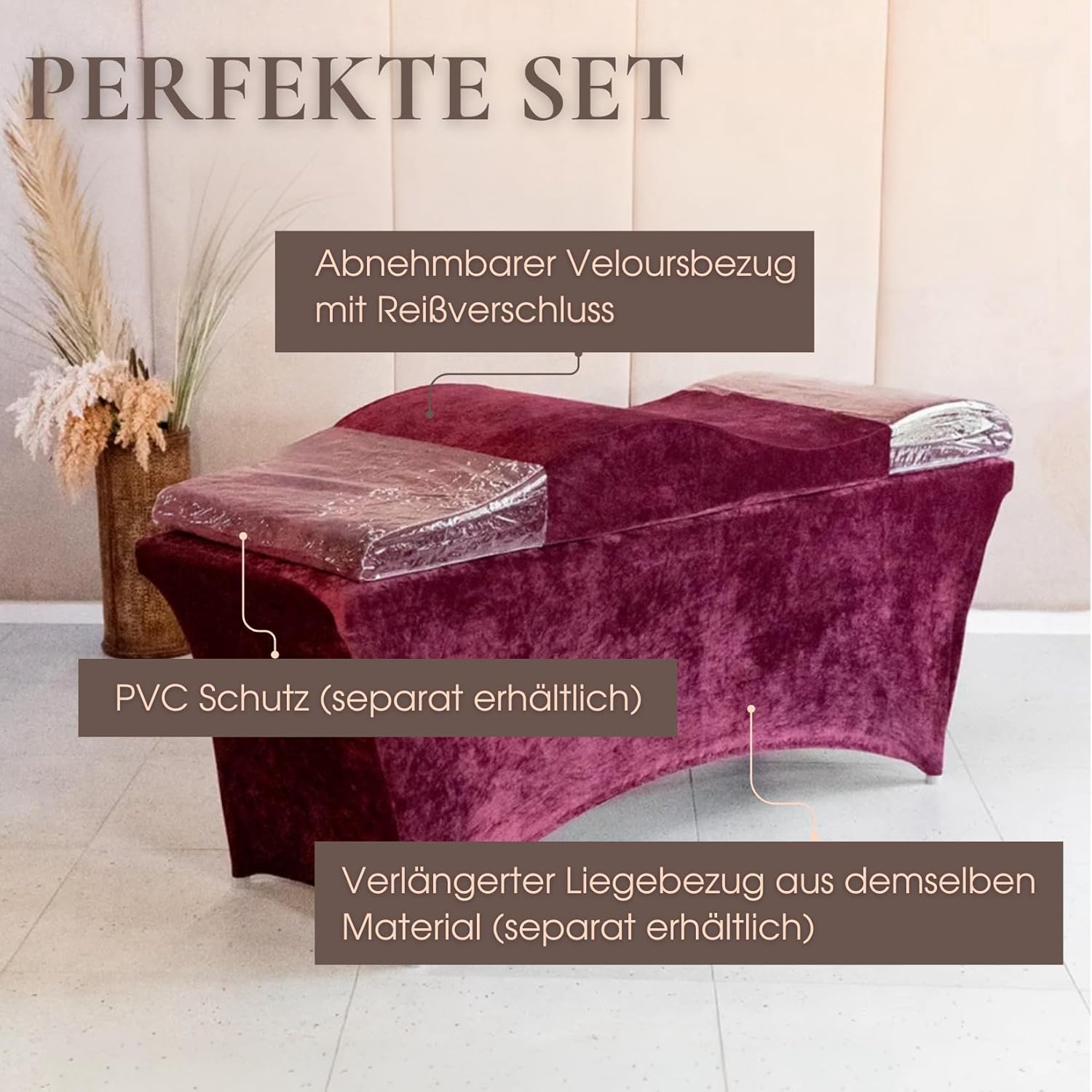 Wave Matratze mit Memory Foam 190x70 für Kosmetikliege, Massageliege, mit Bezug aus Velours, 08 Burgunder, Weinrot