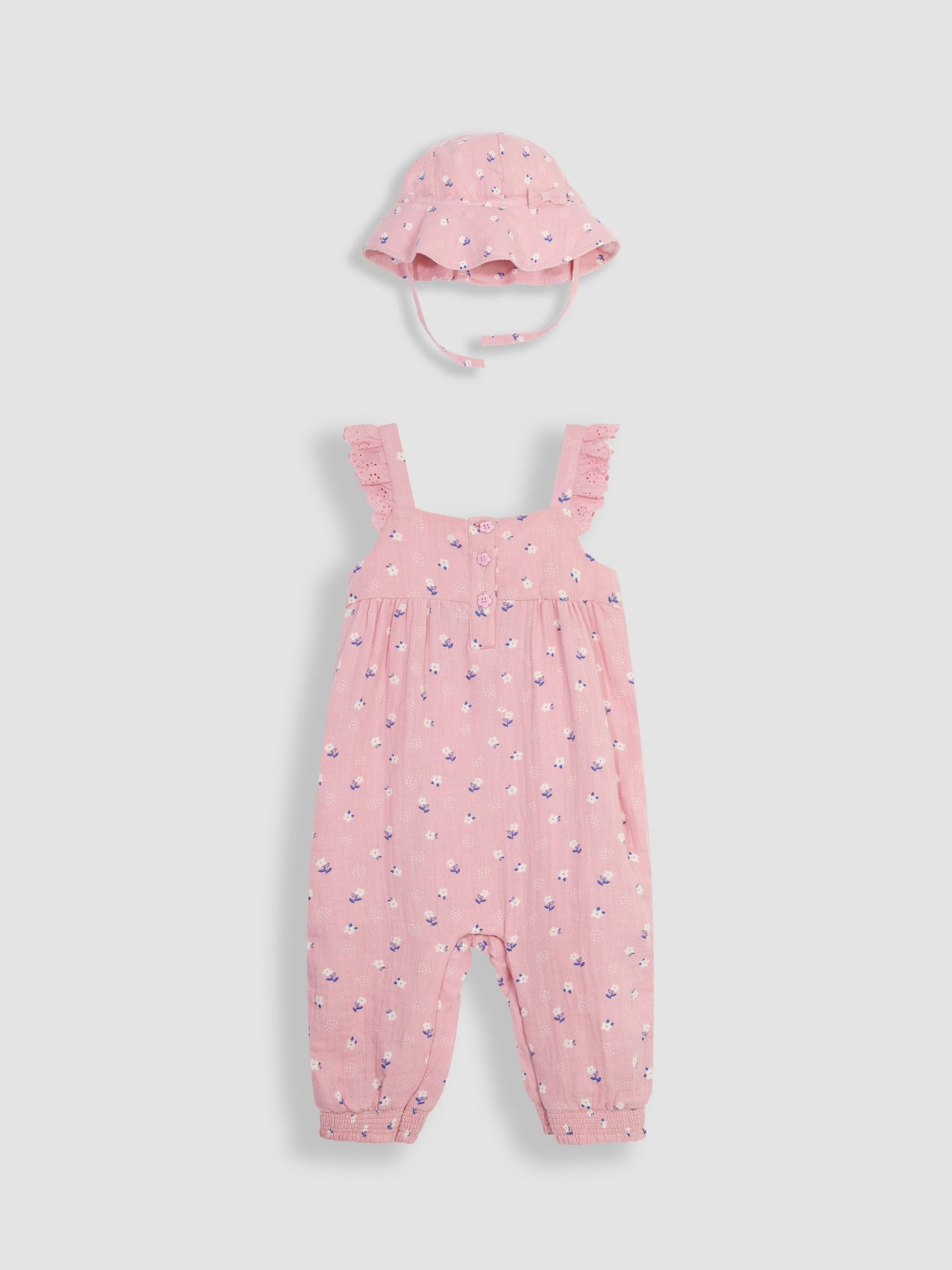 Roze bloemen - JoJo Maman Bébé - 2-delige set van jumpsuit en muts van kaasdoek