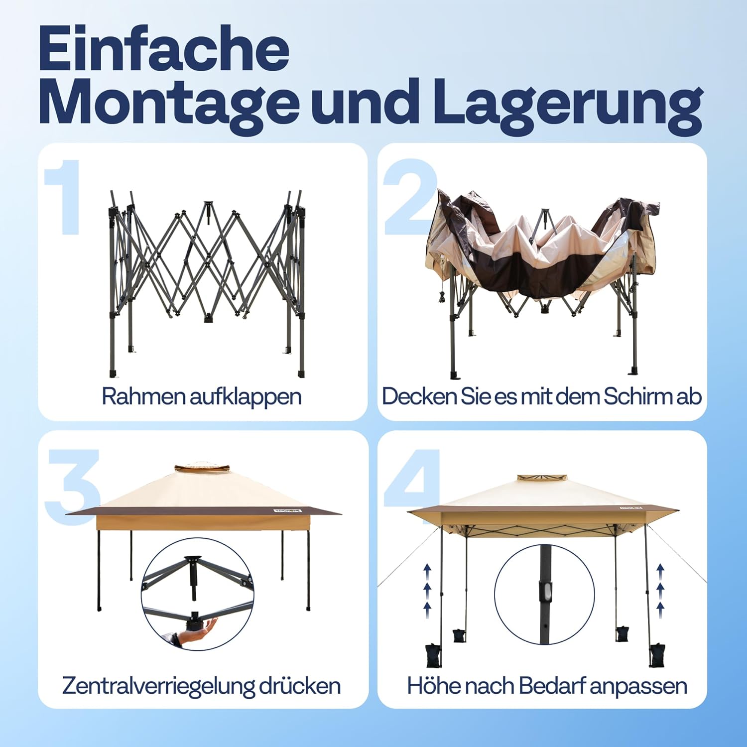 VIVOHOME Pavillon 4x4m Doppelschichtdach mit Rolltasche und 4 Sandsäcken 2 Ebenen tragbares Zelt für Terrasse Garten Hinterhof