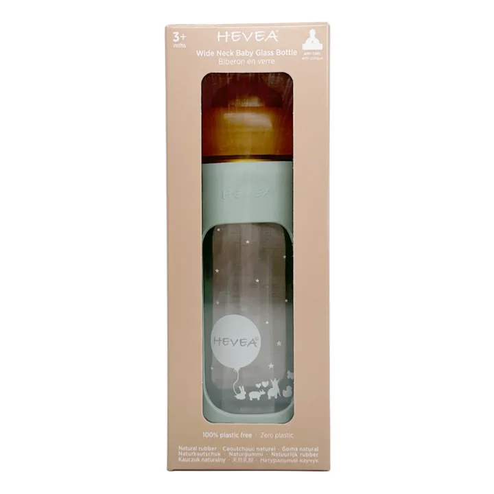 Hevea Biberon en verre à col large avec housse de protection Débit moyen | Vert amande