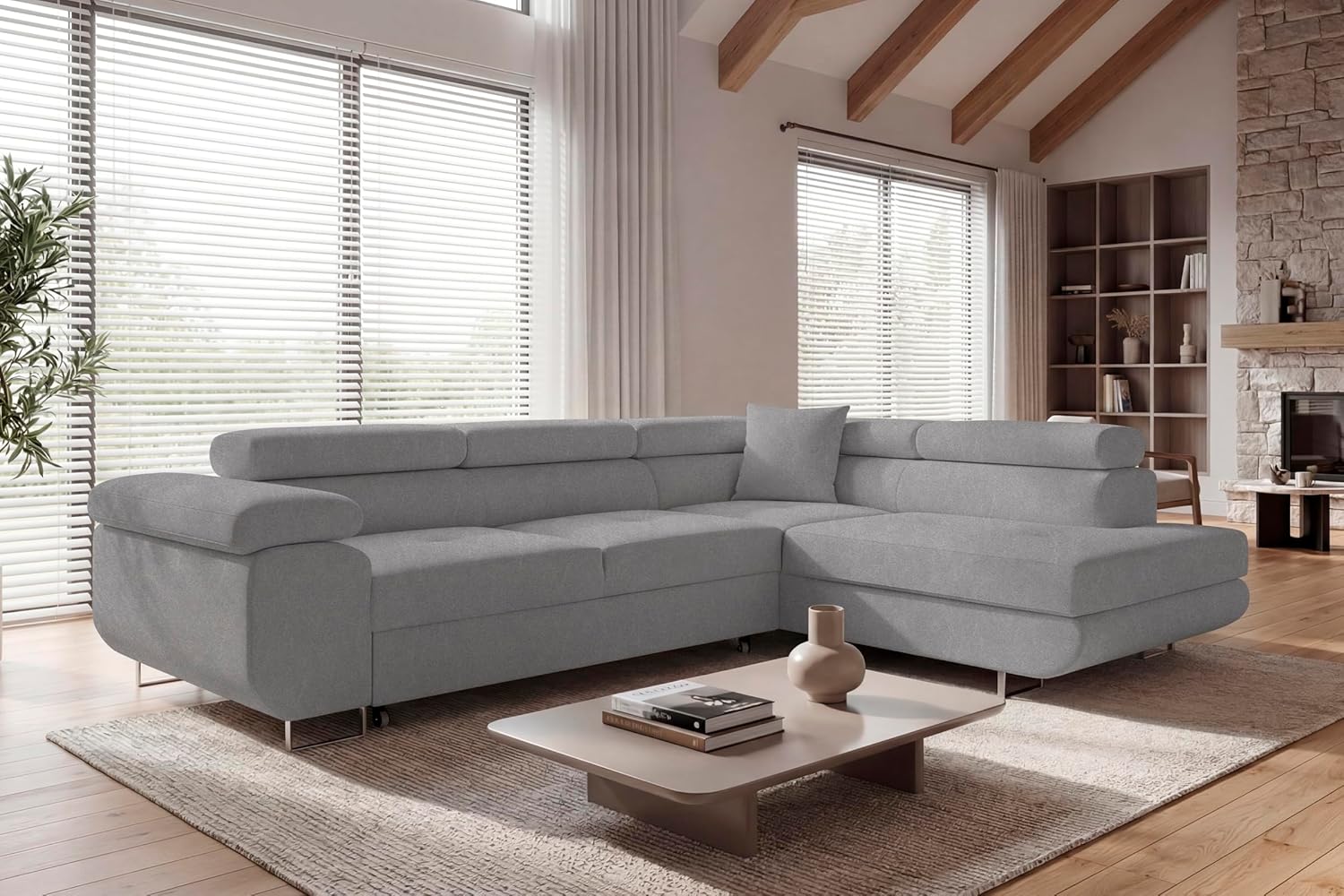 Ecksofa mit Schlaffunktion PASTI L-Form, Sofa Couch mit Bettkasten, 3-Sitzer Eckcouch, Schlafsofa für Wohnzimmer, Big Sofa Couch mit Schlaffunktion (Easy Clean Hellgrau, Ottomane Rechts)