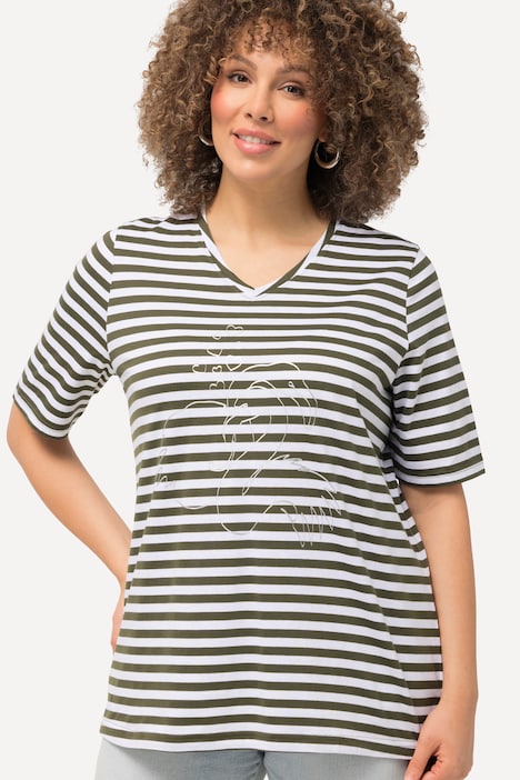 Shirt, Ringel, Metallic-Tier, V-Ausschnitt, Halbarm
