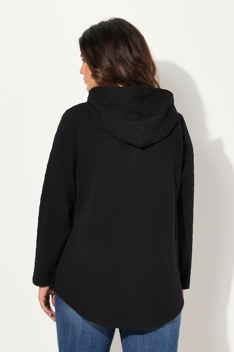 Hoodie-Jacke, Zopfmuster, Druckknöpfe, hinten länger