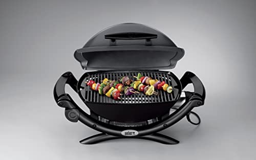 Weber Q1400 Barbecue électrique, surface de cuisson 43 x 32 cm, nomade, grille en fonte émaillée divisée en 2 parties, couvercle et cuve en fonte d’aluminium – Gris foncé (52020053)