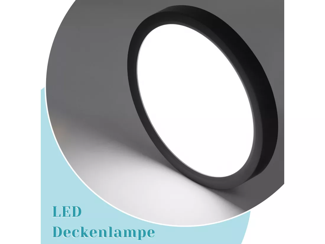 NETTLIFE Plafonnier LED plat 18 cm - 15 W, Noir, 6000 K - Éclairage moderne cuisine, couloir, chambre