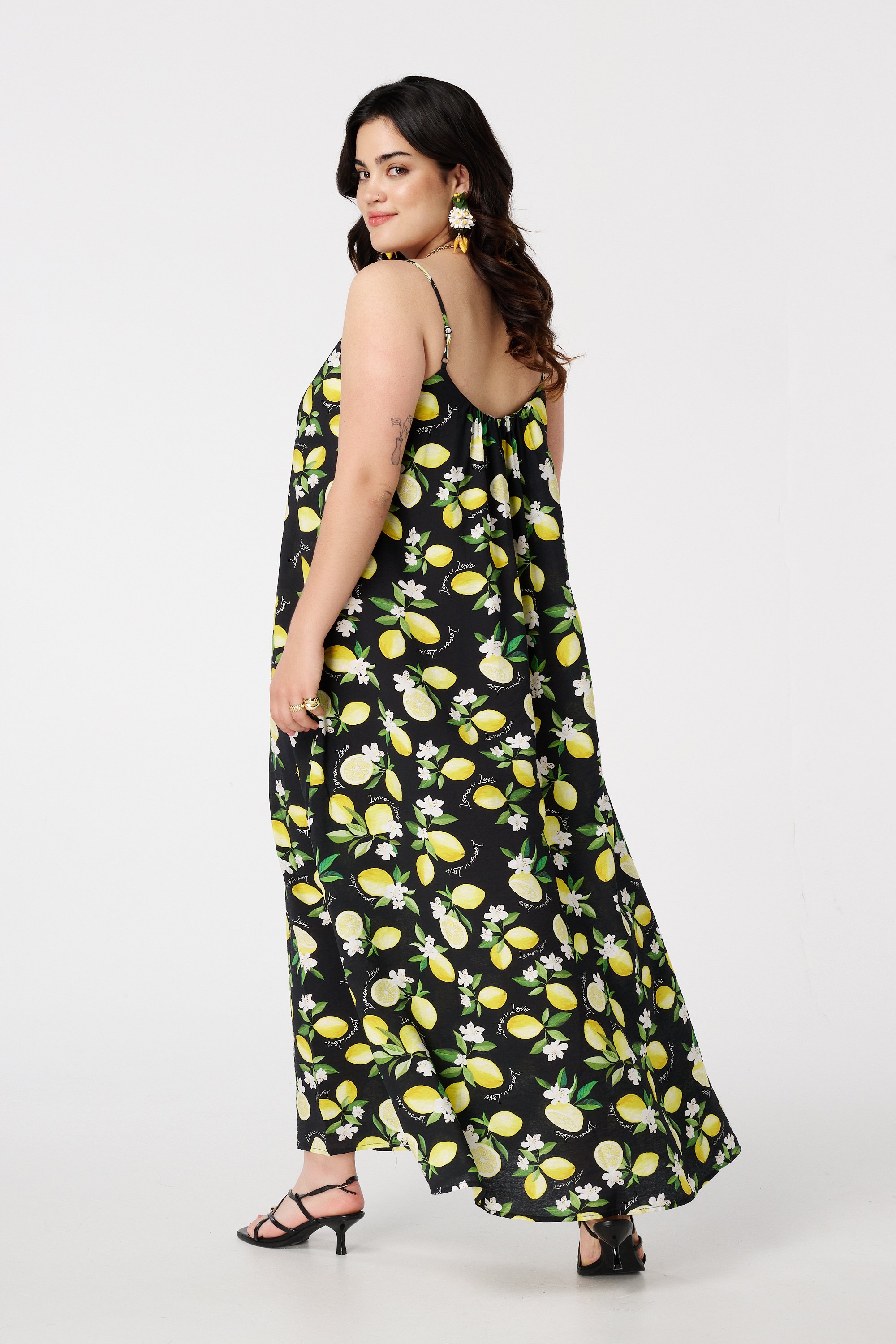 Maxi jurk met citroenprint Multi zwart-wit