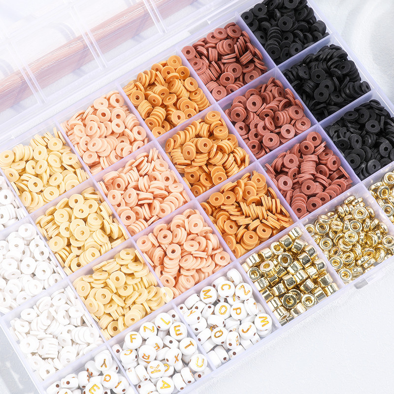 (2414er Set) 6mm Flache Gummi Perlen DIY Bastel Schmuck Buchstaben Zwischenperle für Armband / Kette - Braun / Schwarz / Weiss / Gold