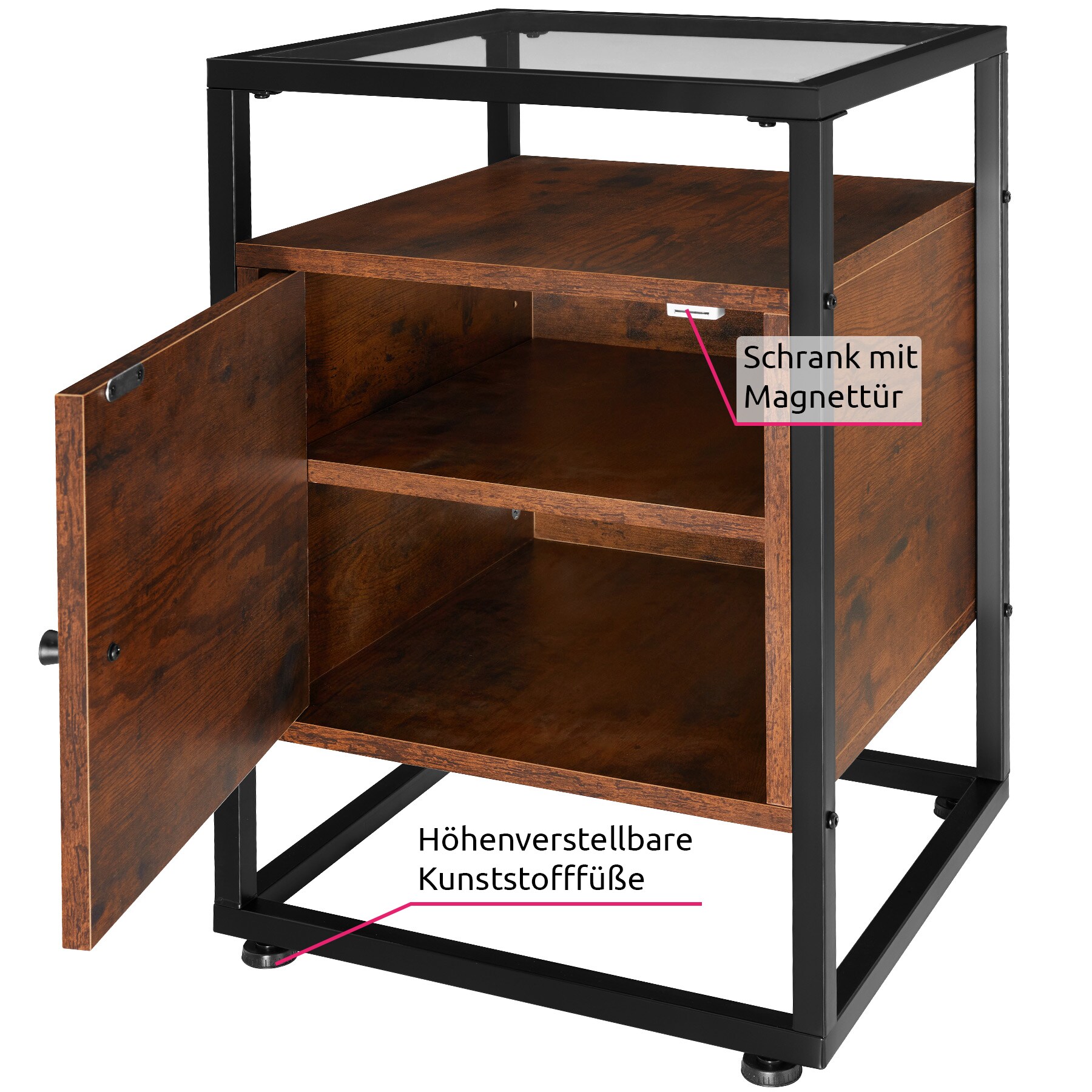 tectake® Nachttisch, Industrial Style, mit Glasplatte, Staufach mit Magnettür und Einlegeboden, 40 x 43 60,5 cm