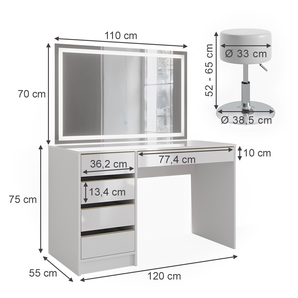 Vicco Schminktisch Sherry Weiß Hochglanz Gold 120 x 75 cm 5 Schubladen LED-Spiegel Hocker