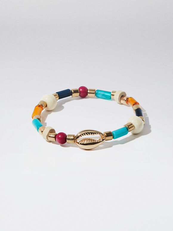 Pulsera Elástica Con Madera Y Resina - Multicor