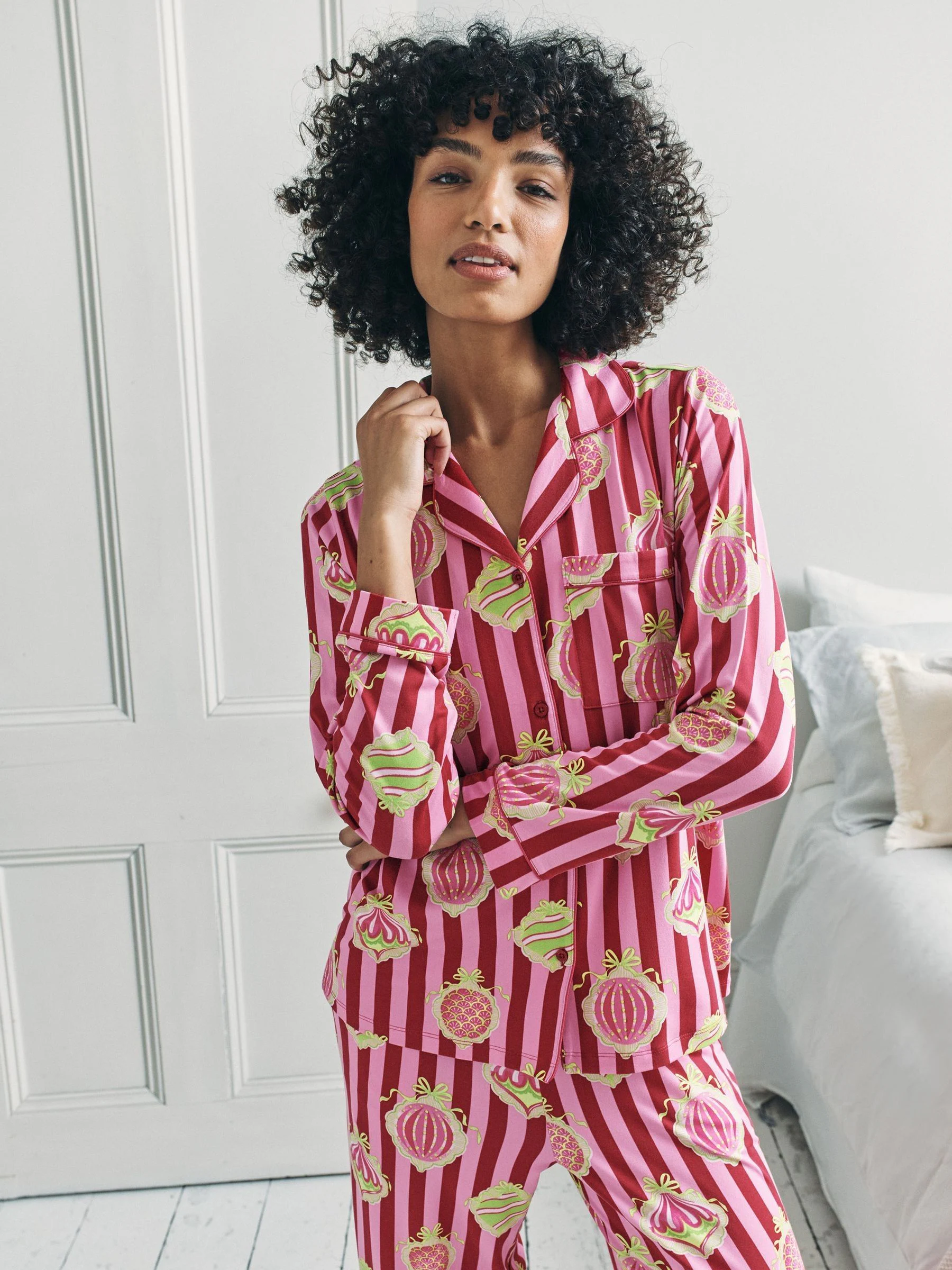 Chelsea Peers Christmas Baubles Stripe Print Long Pyjamas Set