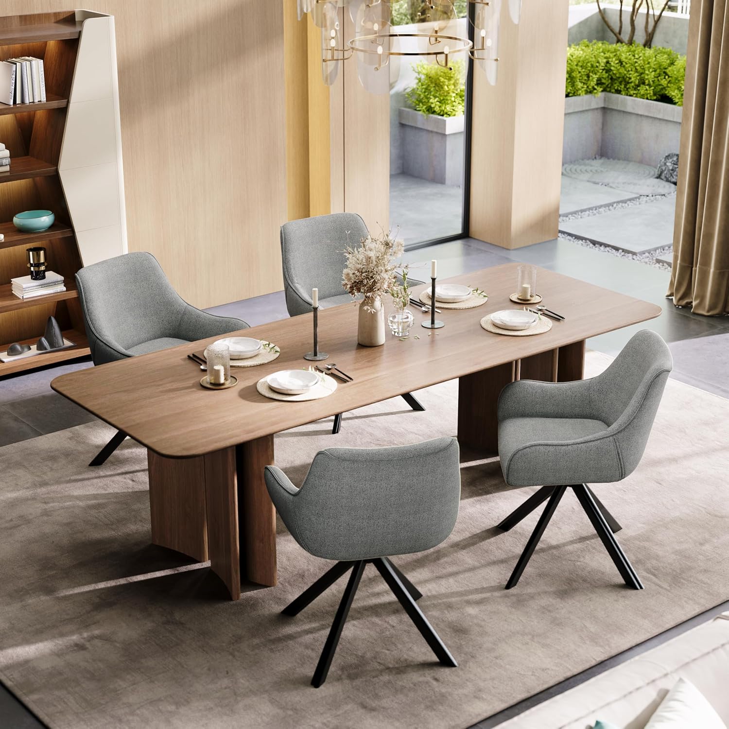 Esszimmerstühle Drehbar 4er Set mit Armlehne – 360°Drehbar Polsterstuhl Leinen Modern Drehstuhl Küchenstuhl mit Metallgestell und Rückenlehne für Esszimmer, Wohnzimmer, Büro, Hellgrau