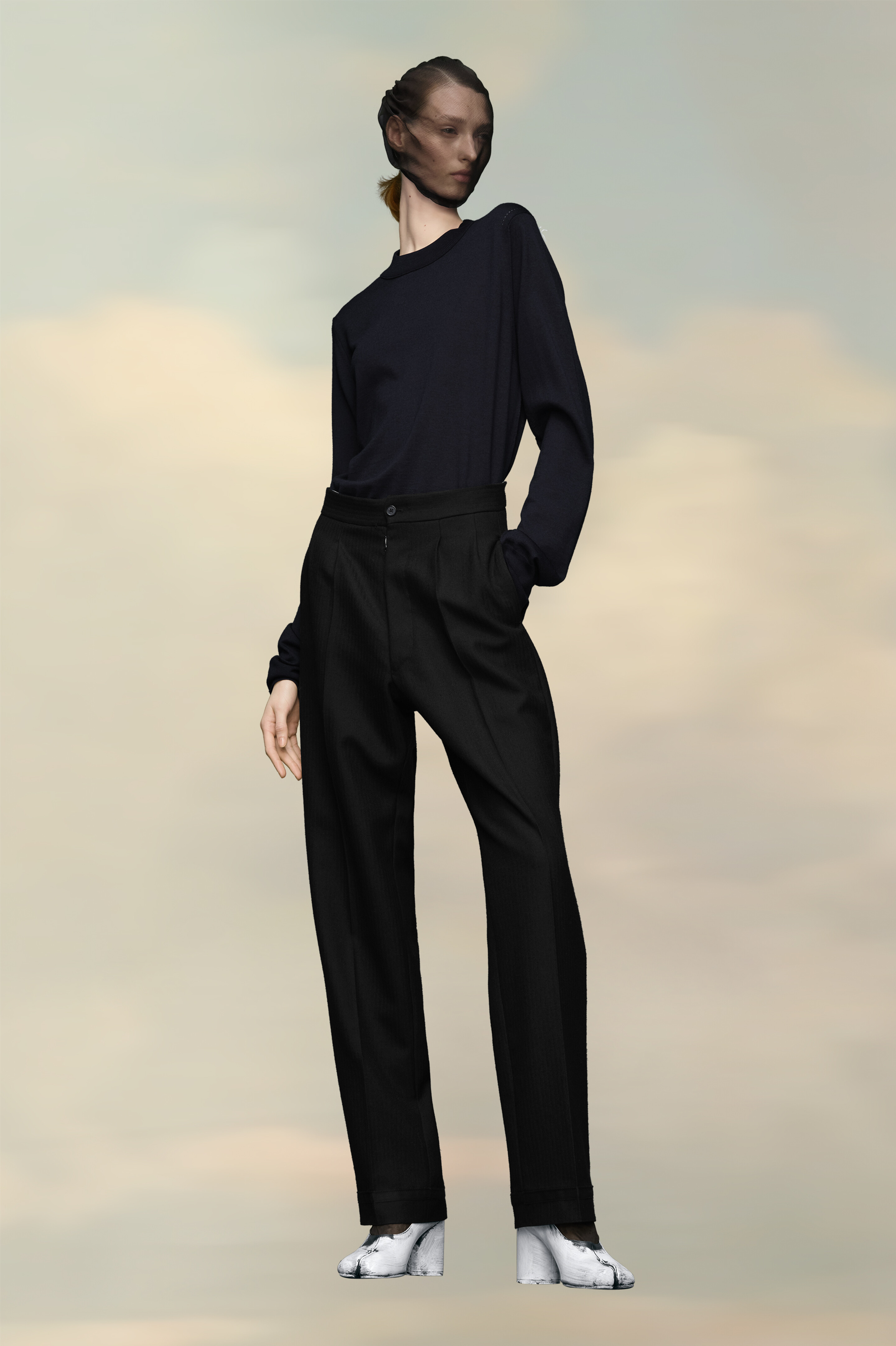 Pantalon plissé en laine à chevrons noir pour femme