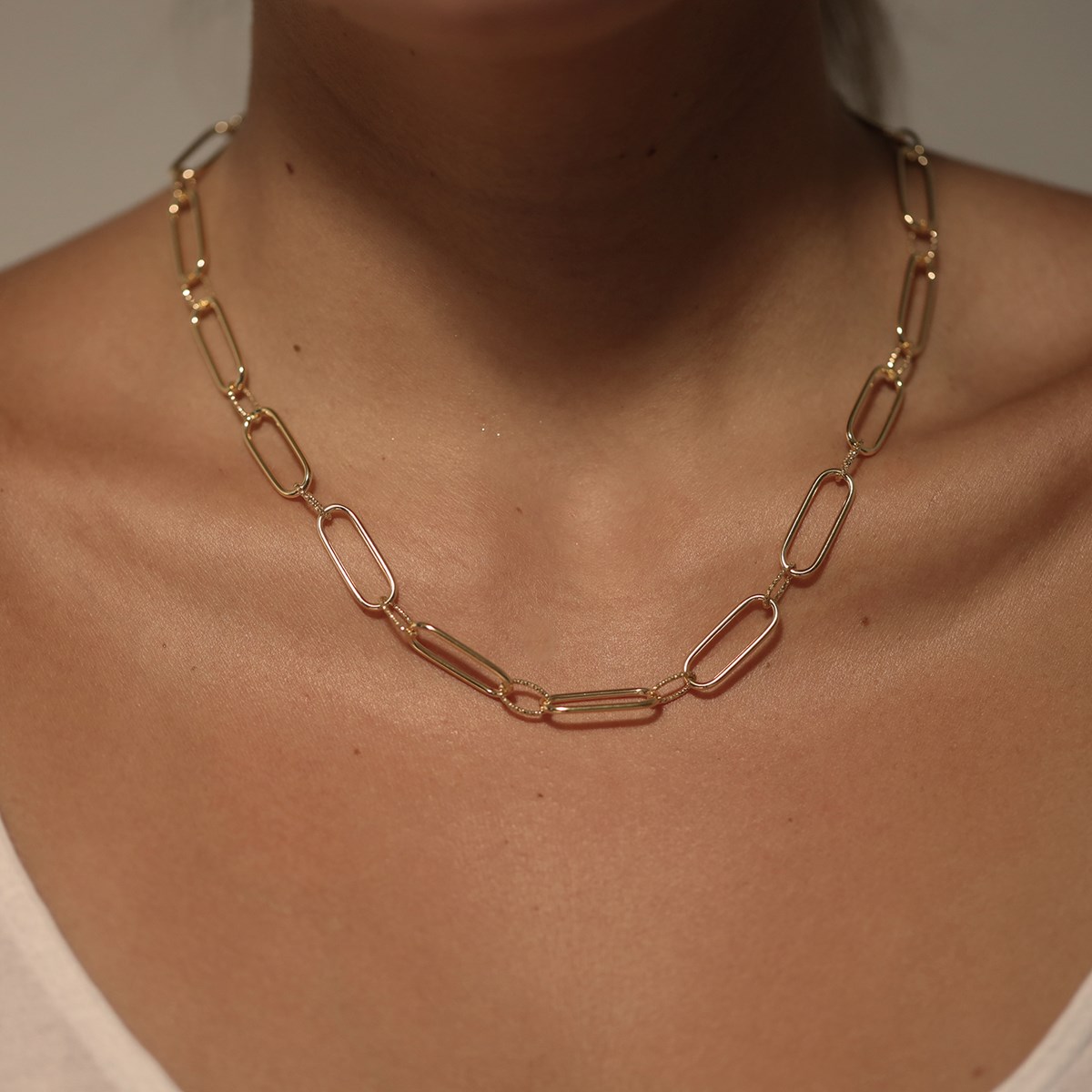 Collier Argent Doré Grosse Maille Et Lisse Et Diamanté