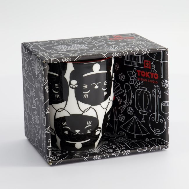 Kawaii Gelukskat Beker in Geschenkdoos Zwarte Kat 8.5x10.2cm 340ml
