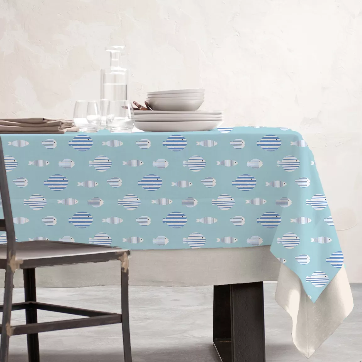Nappe rectangulaire coton enduit (150 x 250 cm) Fish Bleue