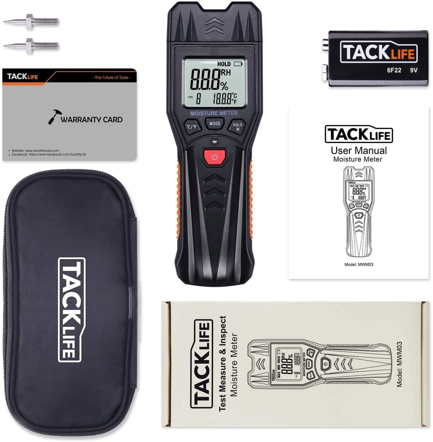 Tacklife Digitales Feuchtigkeitsmessgerät MWM03 -- Zuverlässige Holzqualitätsbeurteiler & Gebäudeumweltmonitore 3-in-1 Pin-Typ Präzise Feuchtemessung