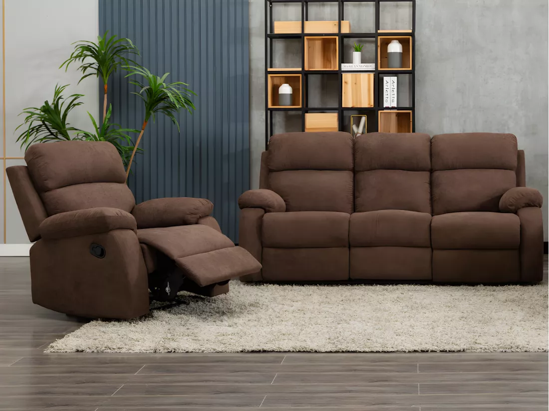 Canapé 3 places et un fauteuil relax en tissu TOLZANO - Marron