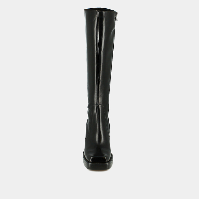 Bottes hautes à talons épais et bouts carrés  en cuir noir taille mollet M
