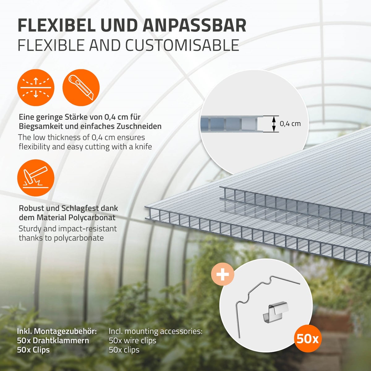 ECD Germany 14x Dubbelwandige polycarbonaatplaten, 4 mm, 121x60,5 cm, 10,24 m², 50x clips + 50x Z-clips, slagvast en UV-bestendig, snijdbaar, heldere meerwandige platen, kaspanelen