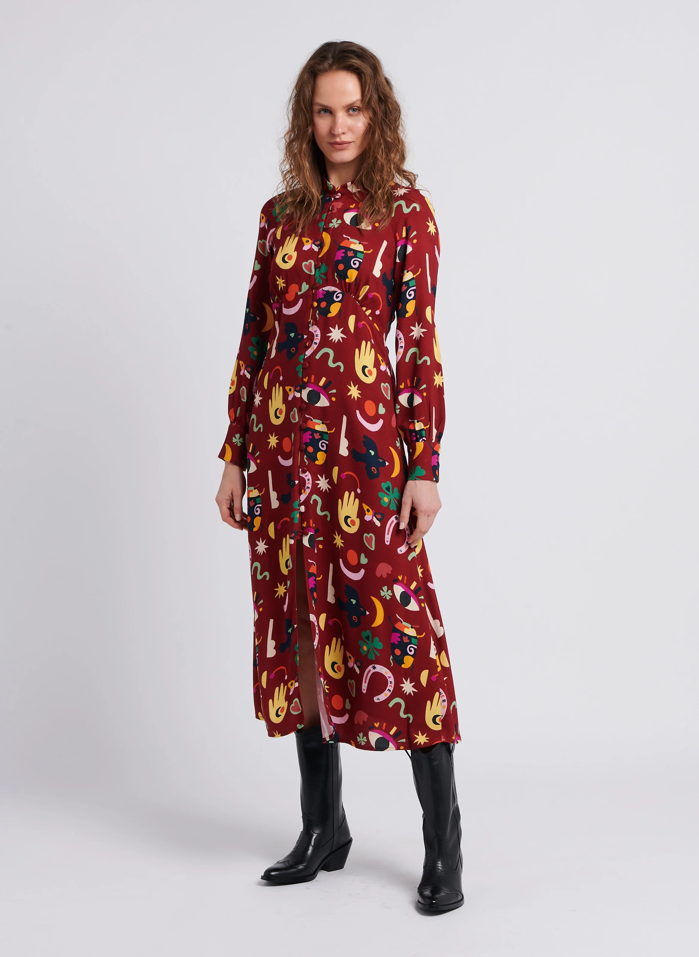VICTORIA - Robe longue col rond imprimée| Rouge