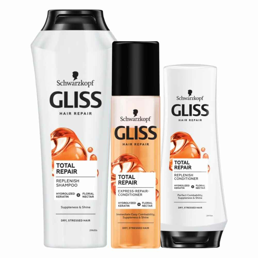 Gliss Total Repair - Shampoo, Conditioner & Anti-klit Spray - Pakket