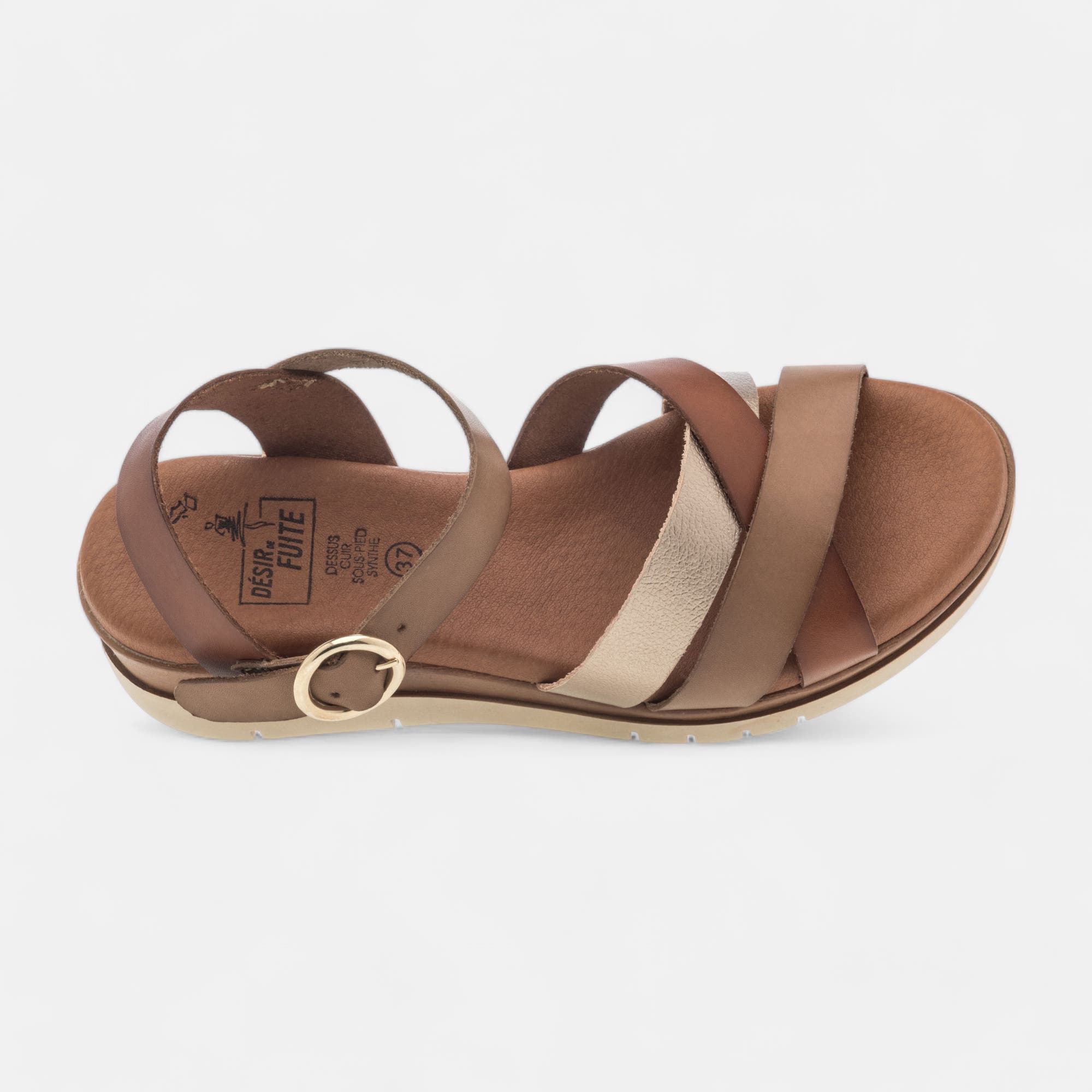 Sandales à talon compensé Femme en cuir cognac