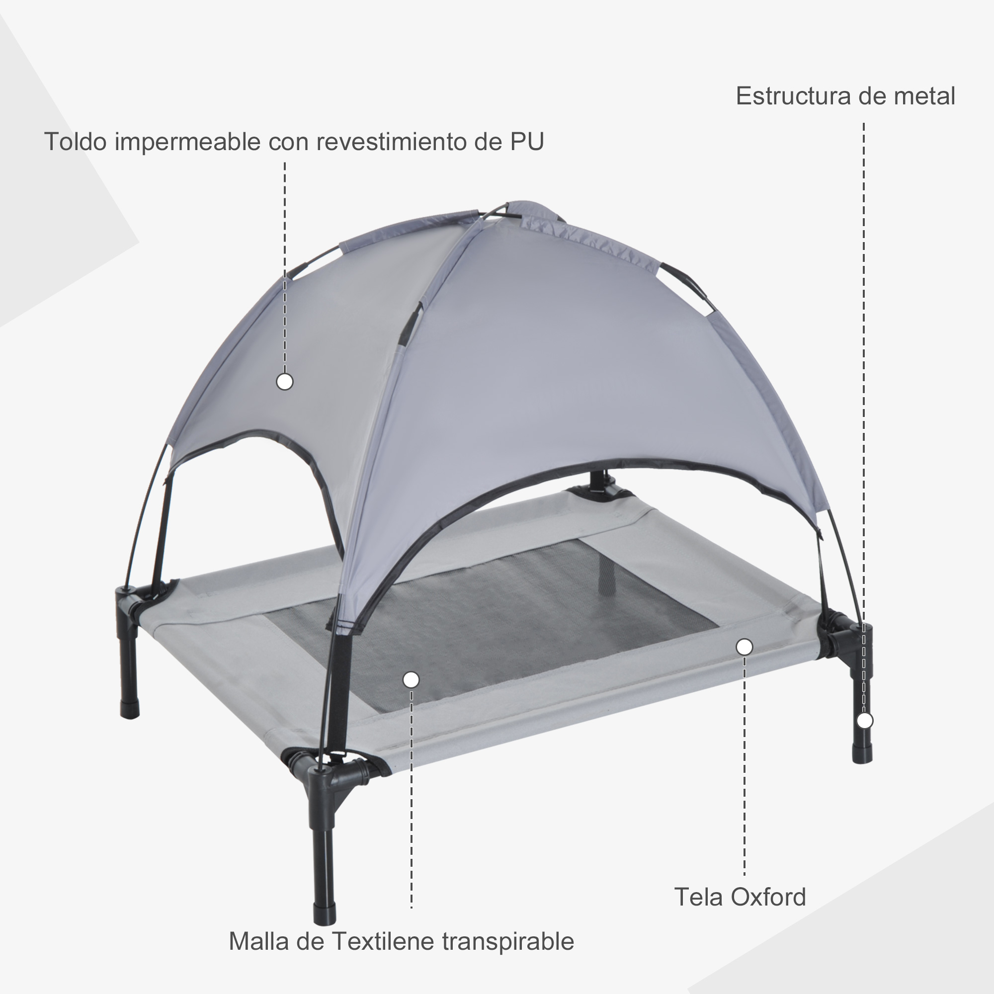 Cama elevada portátil PawHut para animais de estimação com cobertura removível, tecido respirável para uso interno e externo, 61x46x62 cm, cinza.