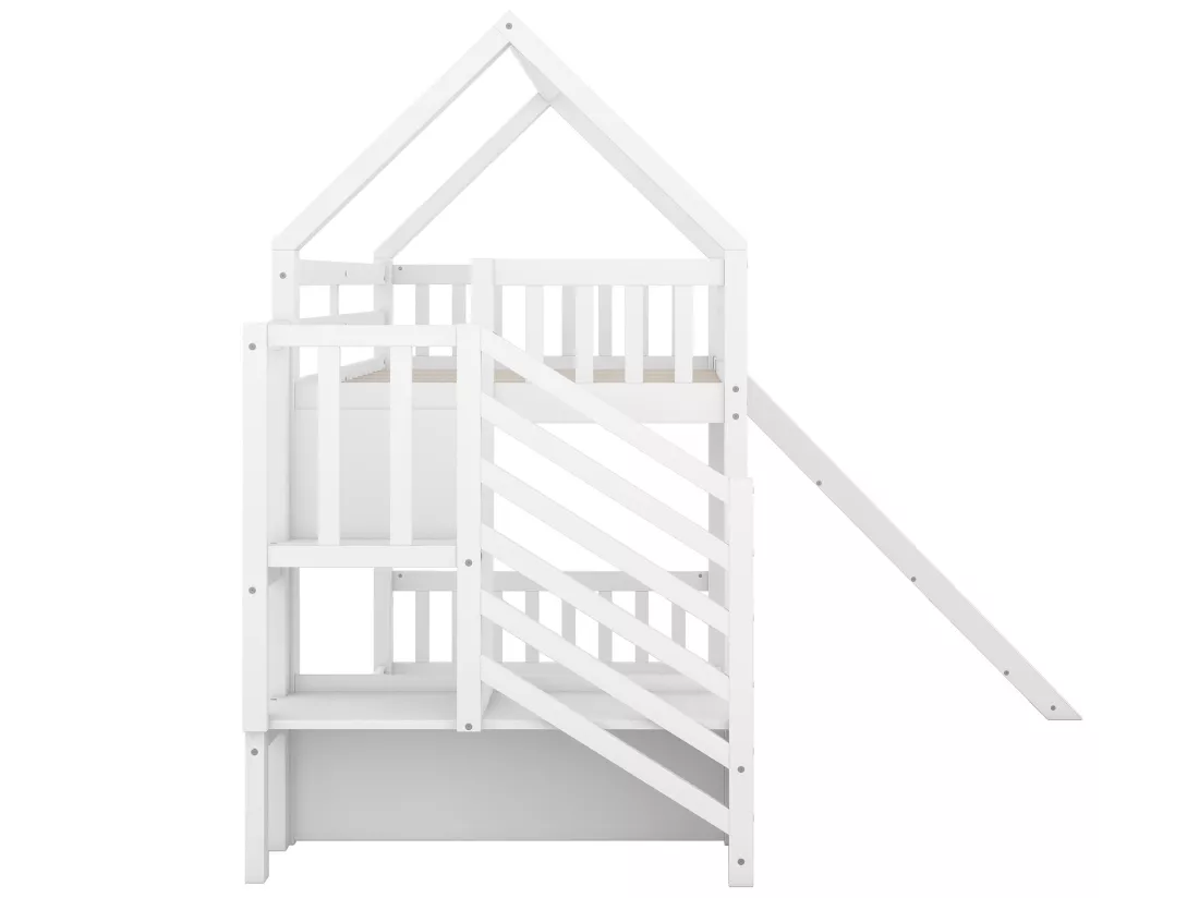 Lit superposé - 2 x 90 x 200 cm - 2 tiroirs et toboggan - pin et MDF - blanc