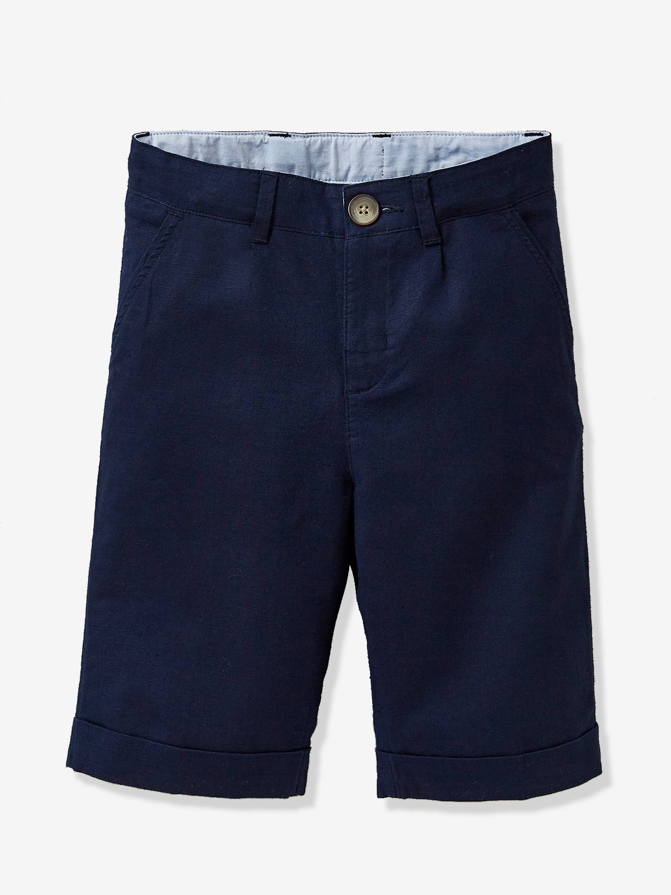Bermuda formal infantil masculina CYRILLUS em linho/algodão, cor azul-marinho lisa.