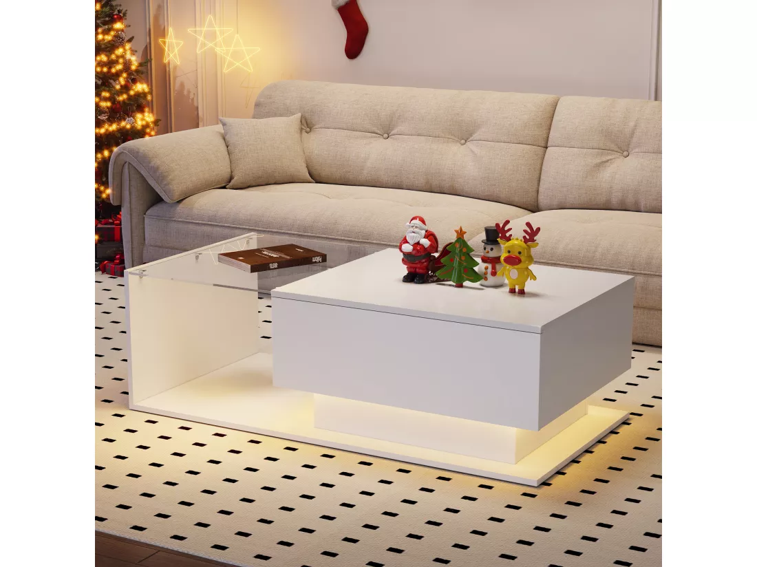 Table basse avec grand tiroir - 100x50x32 cm - LEDs - plateau en verre - Panneaux de particules - Blanc brillant