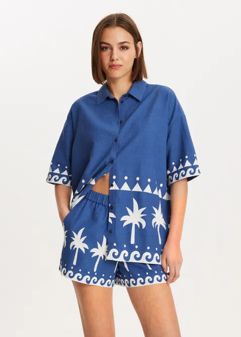 Korte mouwen blouse met print blauw (INDIGO)