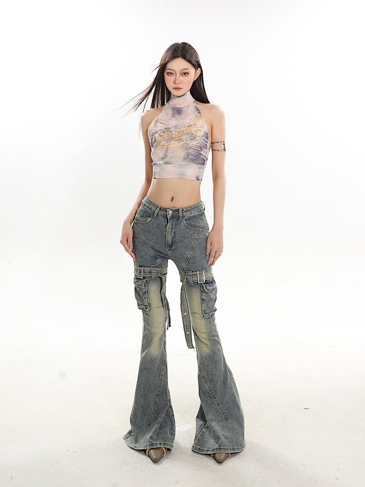 SPUCIKLEI - Mouwloze nep-hals tie-dye crop top met distressed effect