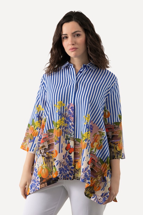 Bluse, Streifen, Hemdkragen, Oversized, 3/4-Arm