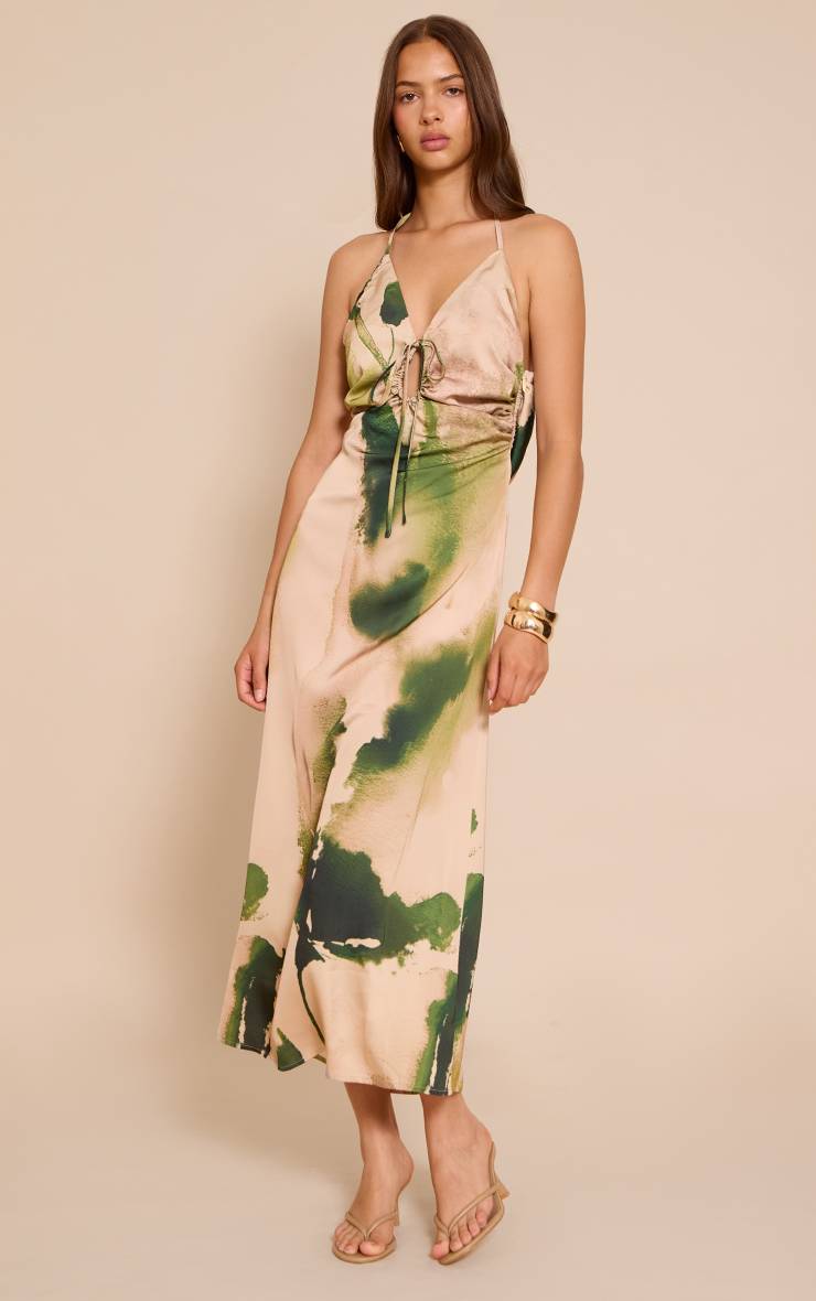 Vert Robe Longue Satinée À Imprimé Floral Avec Nœud Devant