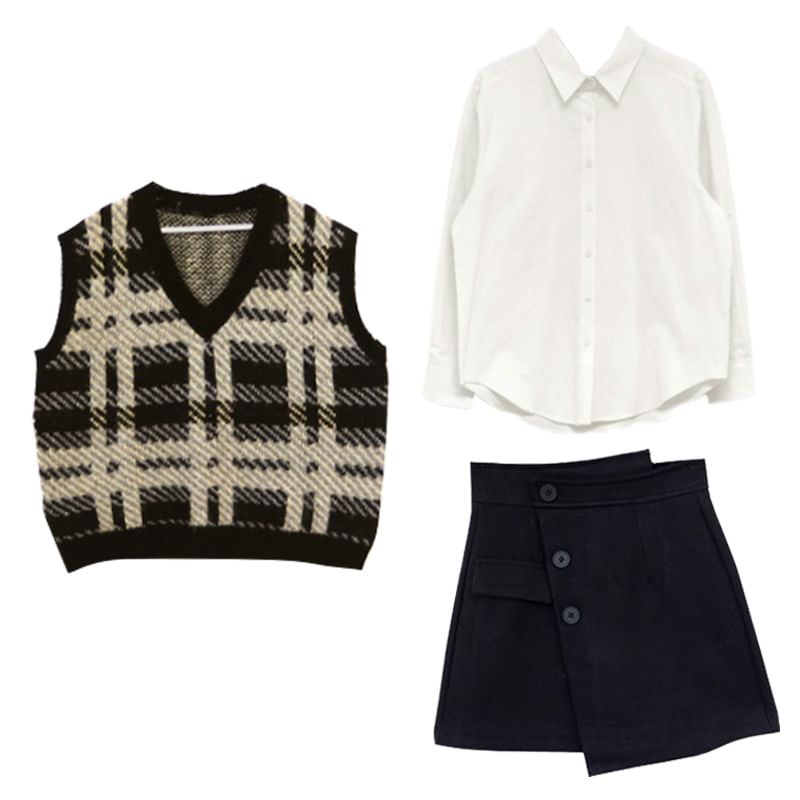 Tangihouse - Effen overhemd / geruit vest / asymmetrische A-lijn minirok