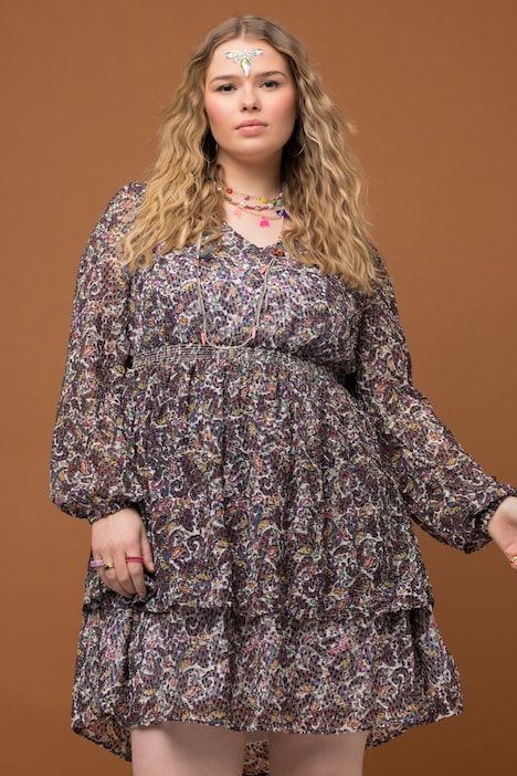 Minikleid, A-Line, Paisley Print, Volants, Langarm
