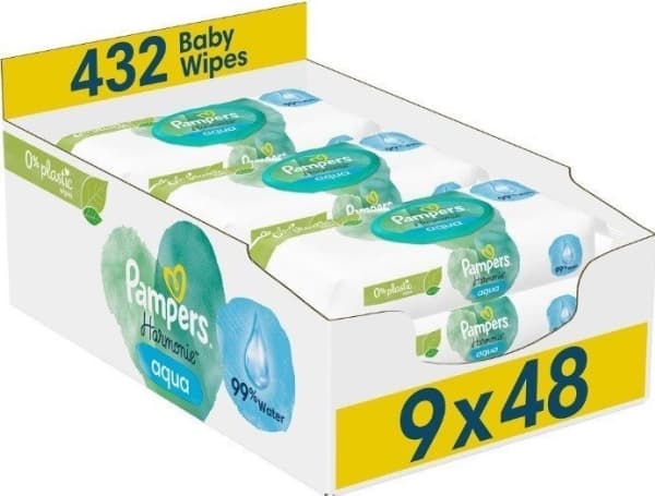 Pampers Harmonie Aqua våtservietter 0% plast 9x48 stk.