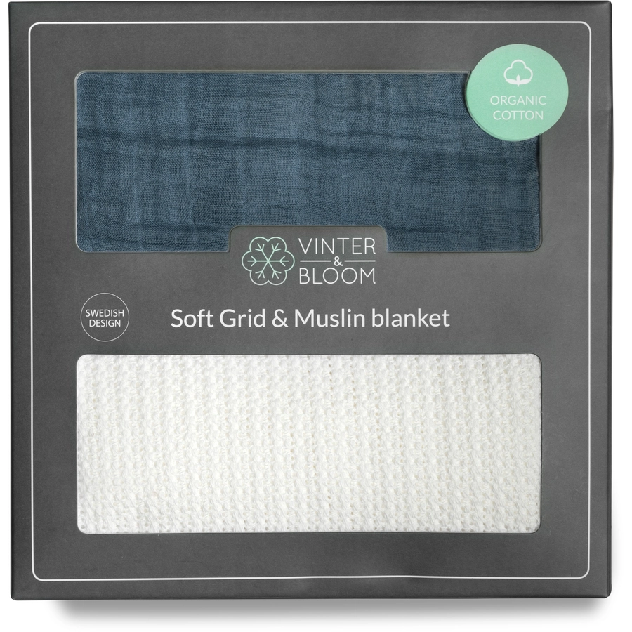 VINTER&BLOOM Geschenkset Kuscheldecke Soft Grid & Musselindecke Bright WhiteStorm Blue