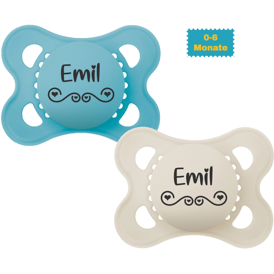 Schnullireich Schnullerkette mit Namen Häkelperle + MAM Schnuller 2-6 Mon Blau