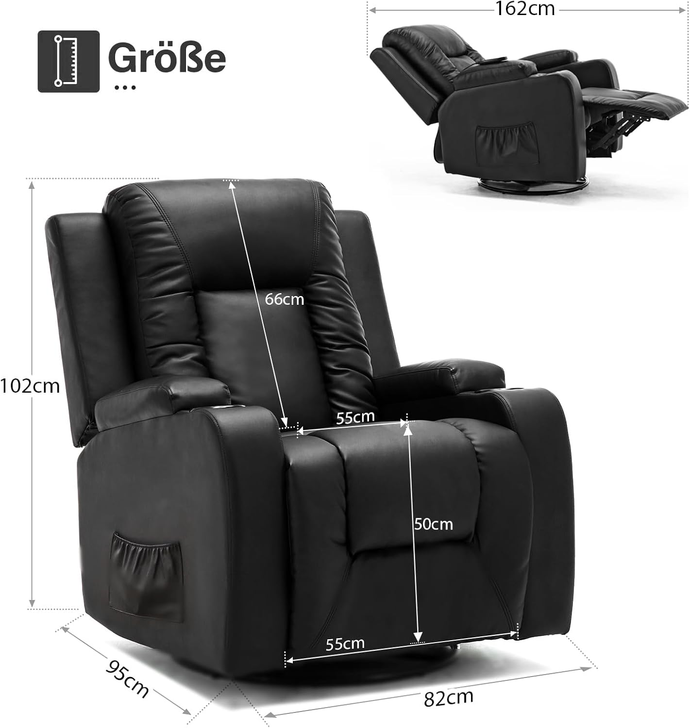 COMHOMA Relaxsessel Fernsehsessel mit verstellbarer Rückenlehne und Fußstütze,360°drehbarer Loungesessel aus PU-Leder mit Getränkehaltern und Seitentaschen,ergonomische Ganzkörperunterstützung,Schwarz