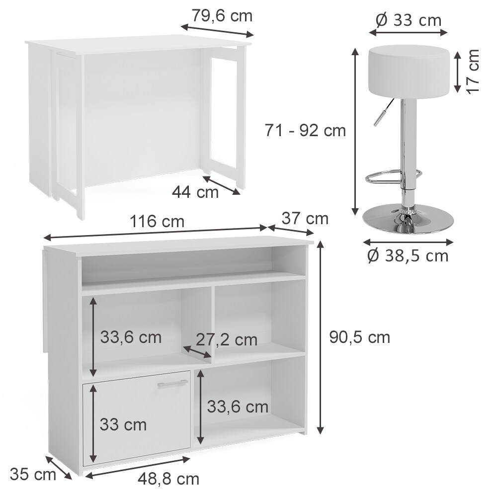 Vicco Bartisch Dominic Weiß 116 x 37 cm Barhocker Esszimmer Küche offene Fächer Tür