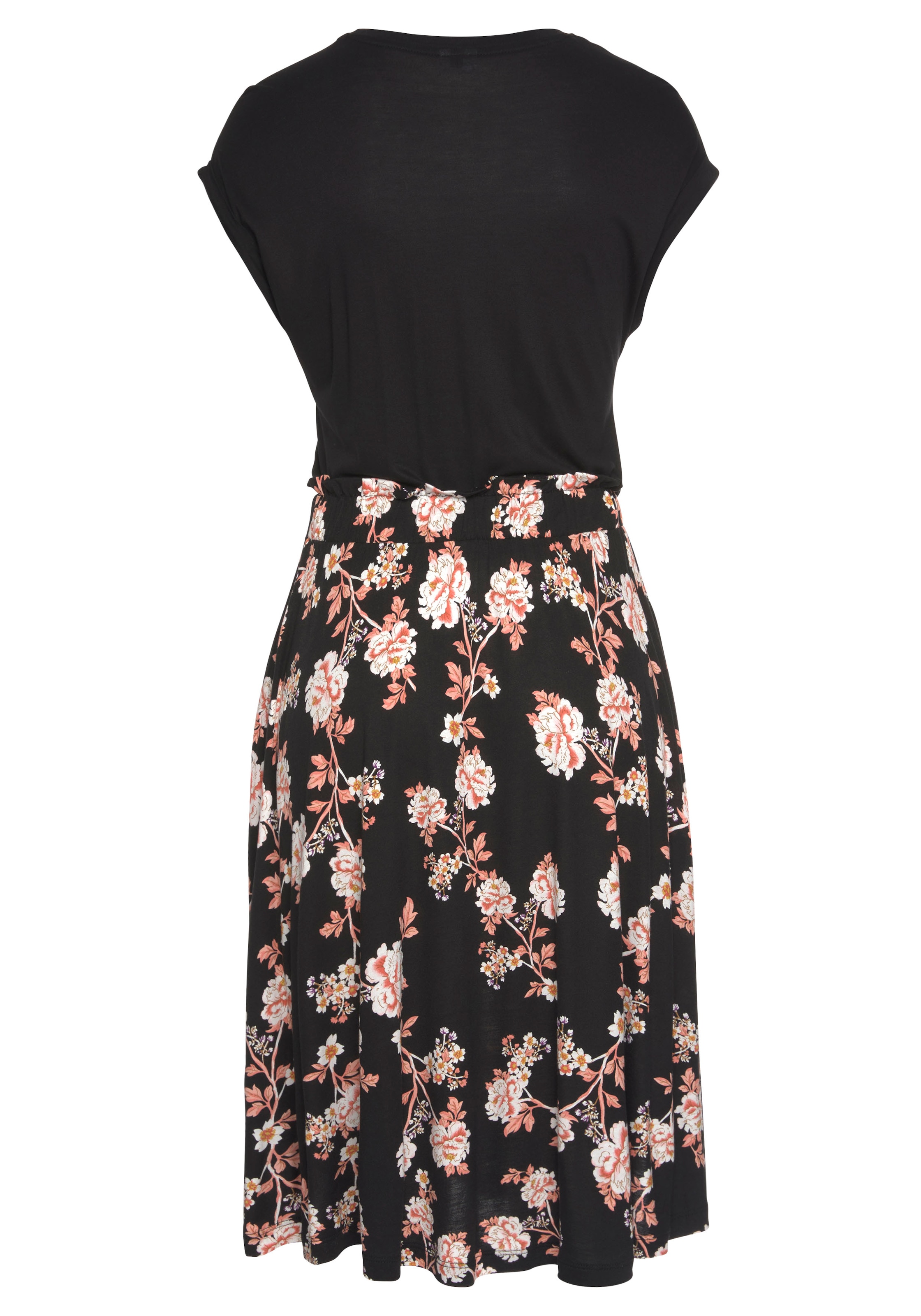 LASCANA Jerseykleid mit Paperbag-Bund und bedrucktem Rock, kurzärmliges Sommerkleid