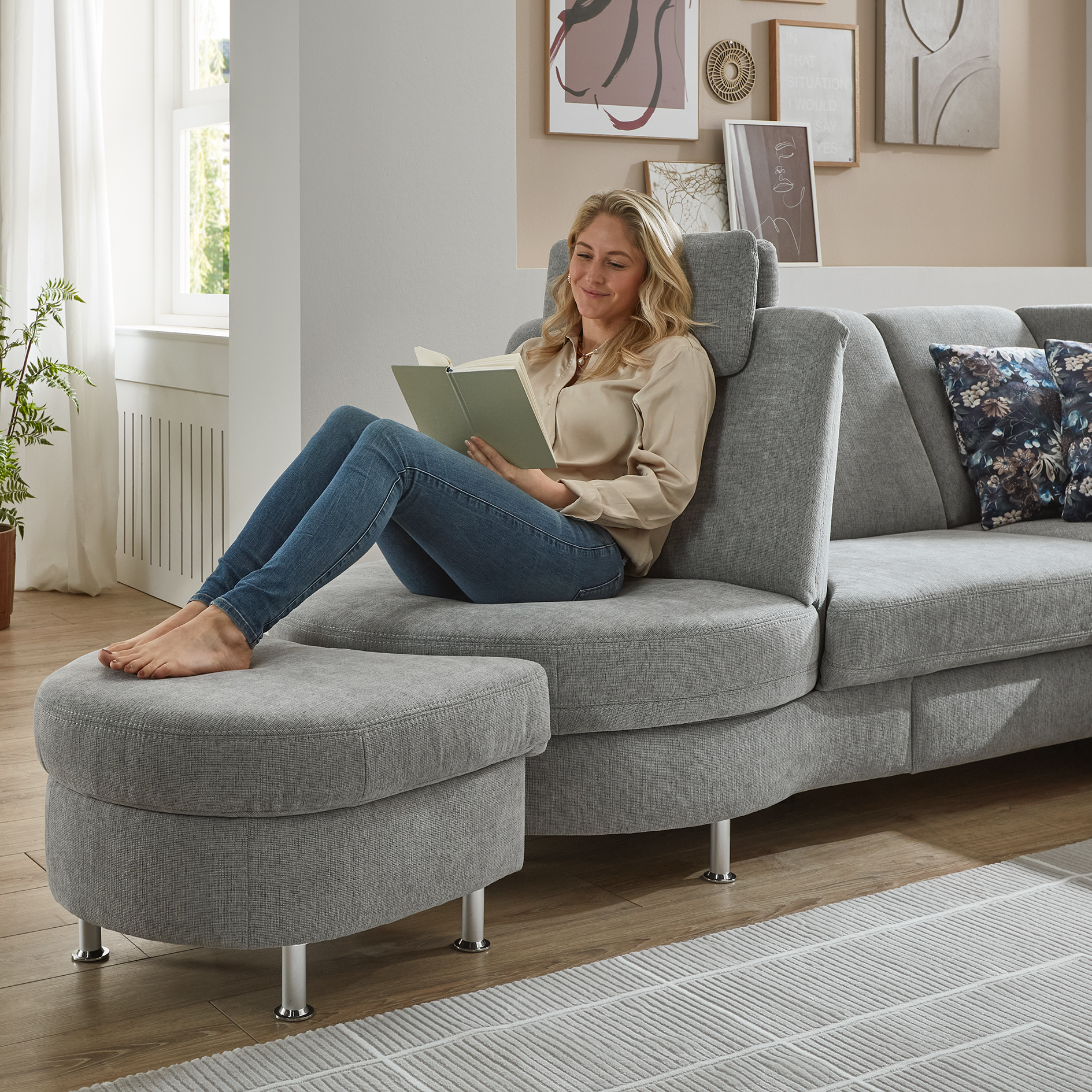 polsterpower Ecksofa - silver - Basismodell - Rondellabschluss links