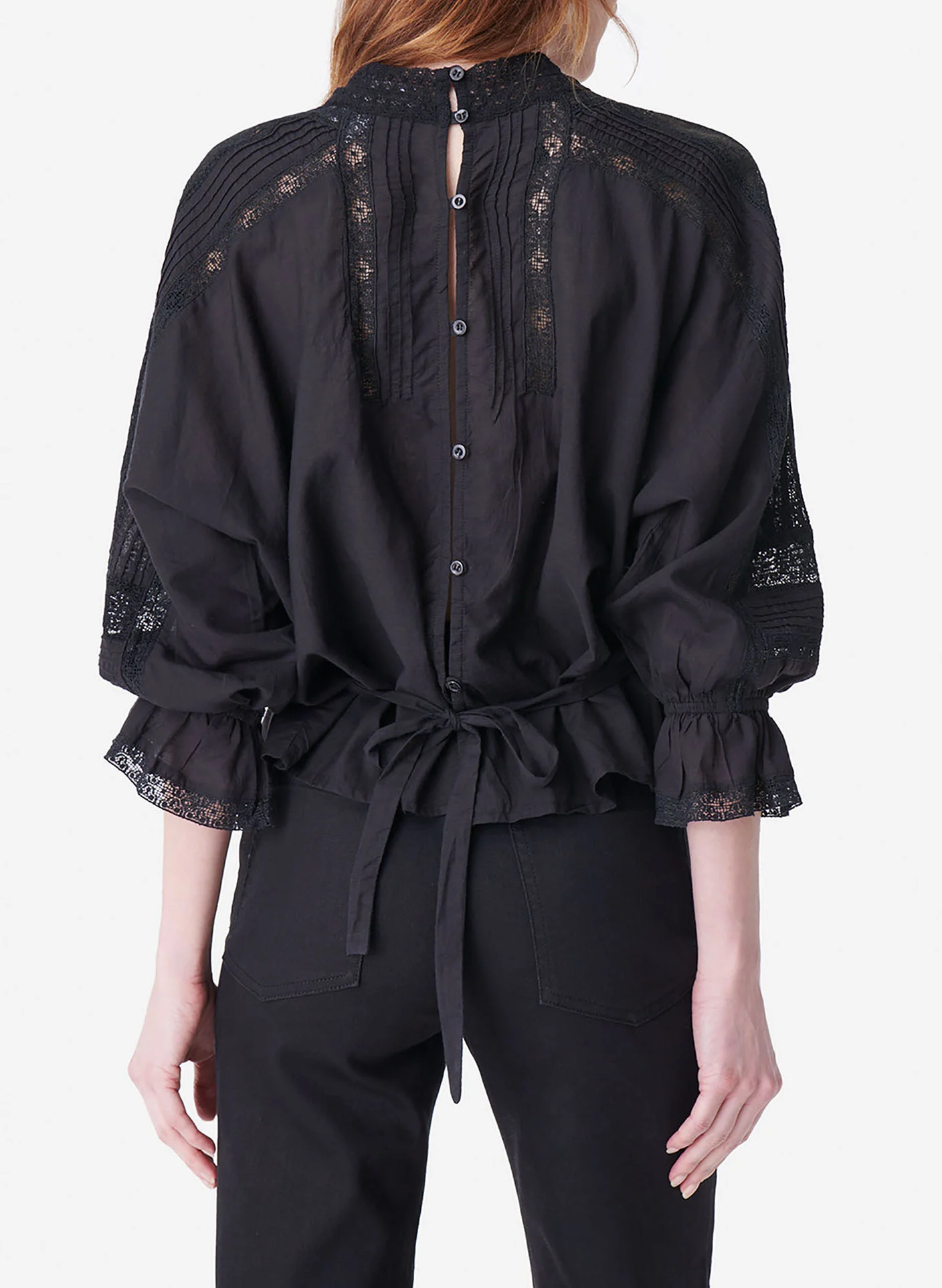 VIVA - Blouse col rond en dentelle et coton mélangé| Noir