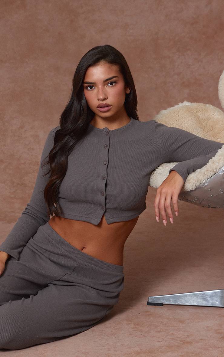 Charcoal Grey Cardigan Boutonné En Maille Côtelée Brossée
