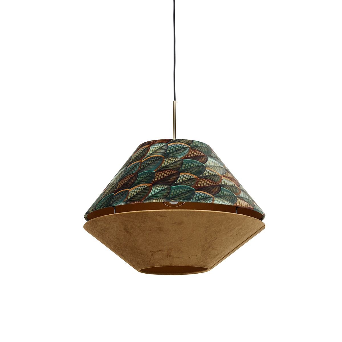 Moderne hanglamp brons met dubbele velours kap blad dessin en beige - Combi 1